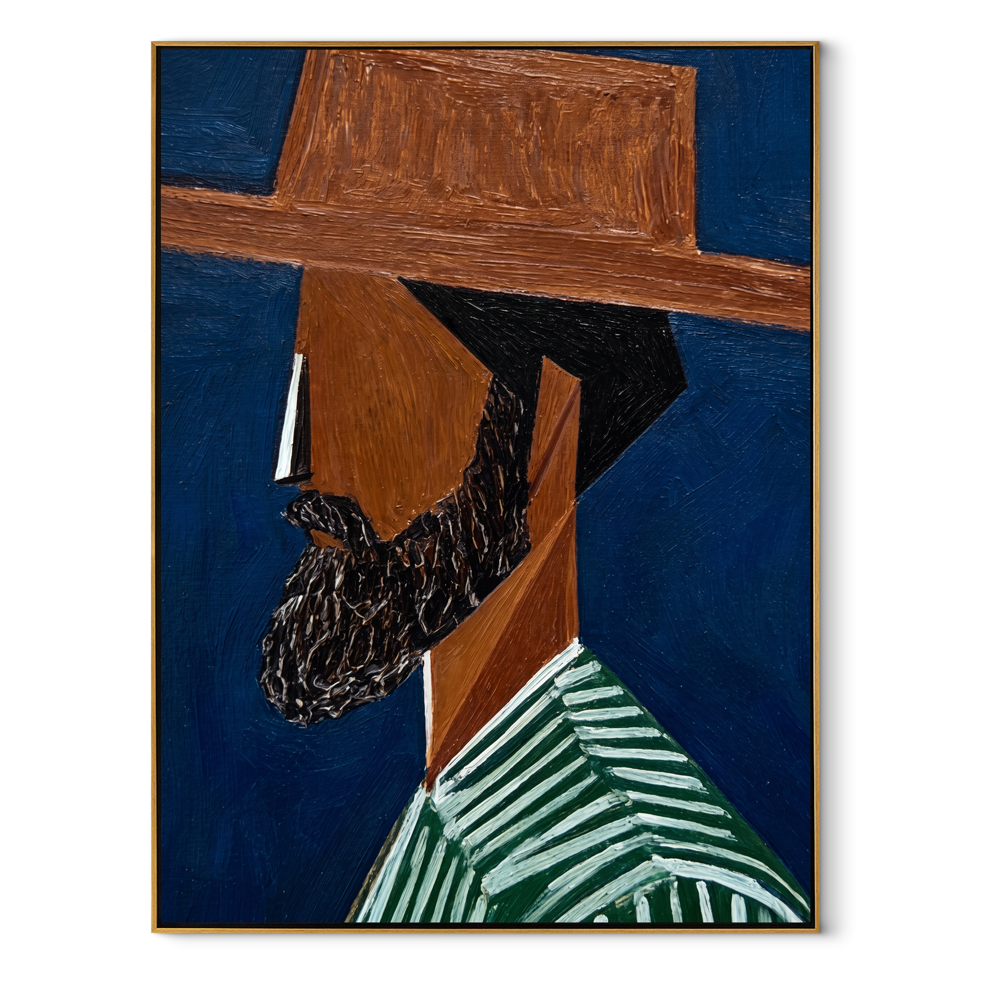 Blue Shadow Grows a Beard – Bearded Profile Figure painting by Adrian Lee, mid-century modern vertical wall art – wood frame on white background