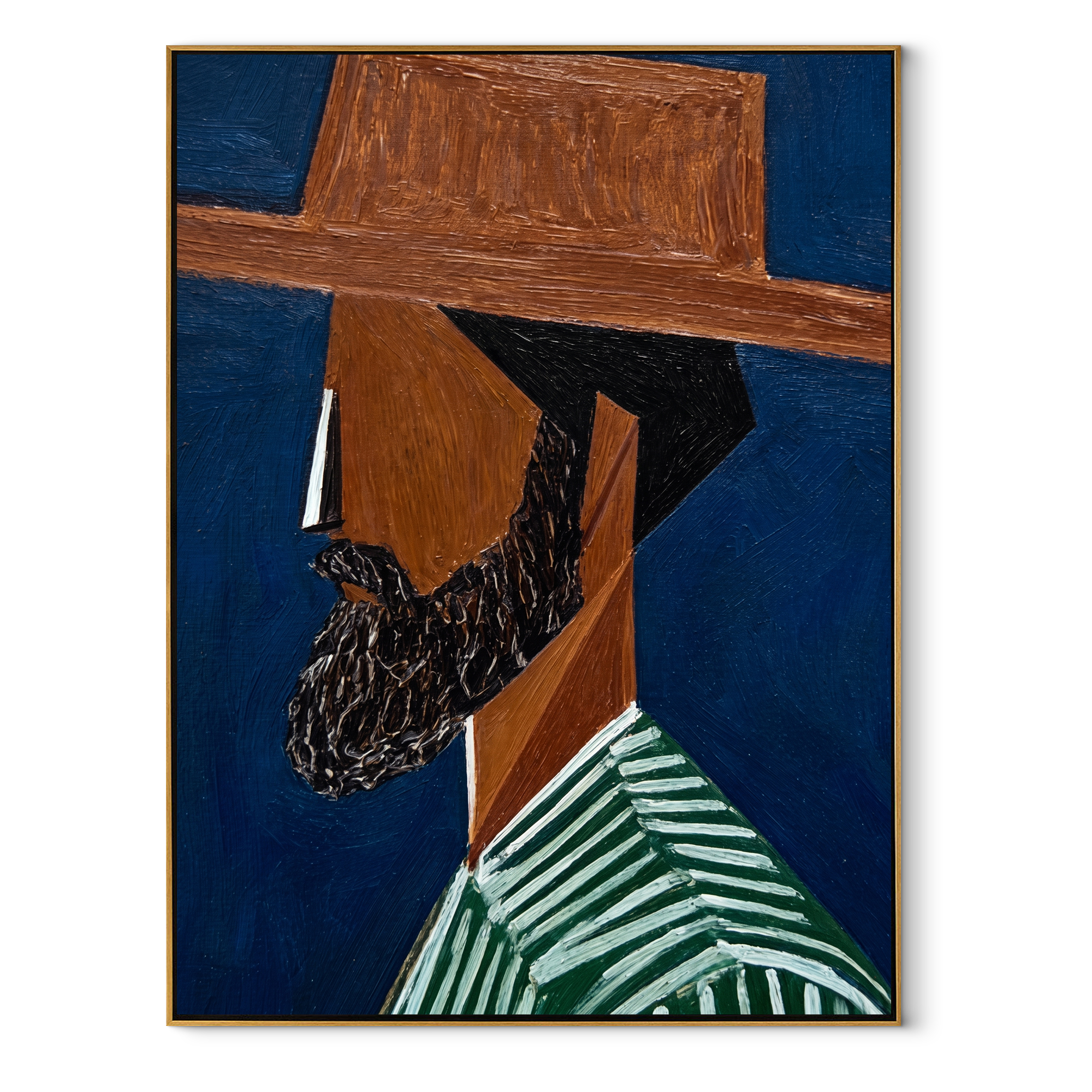 Blue Shadow Grows a Beard – Bearded Profile Figure painting by Adrian Lee, mid-century modern vertical wall art – wood frame on white background
