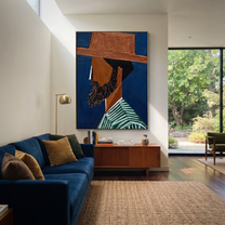 Blue Shadow Grows a Beard – Bearded Profile Figure painting by Adrian Lee, mid-century modern vertical wall art – styled room scene view 2