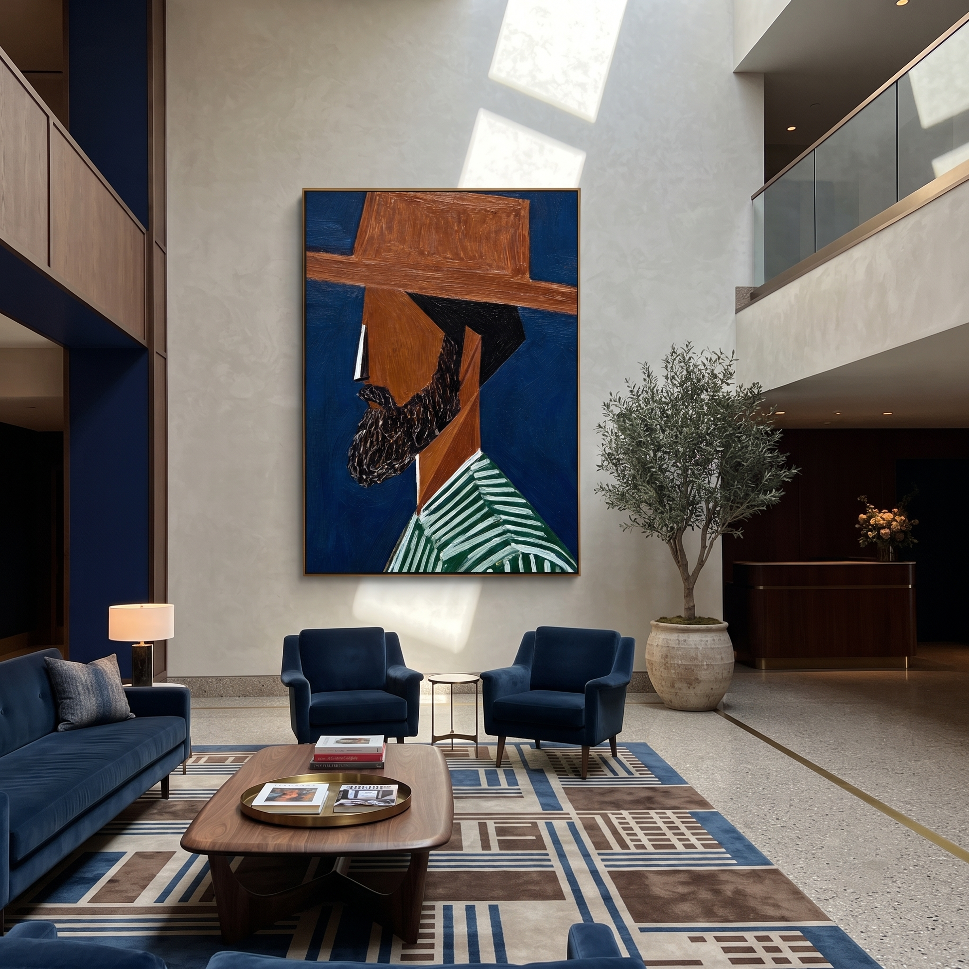 Blue Shadow Grows a Beard – Bearded Profile Figure painting by Adrian Lee, mid-century modern vertical wall art – styled room scene view 3