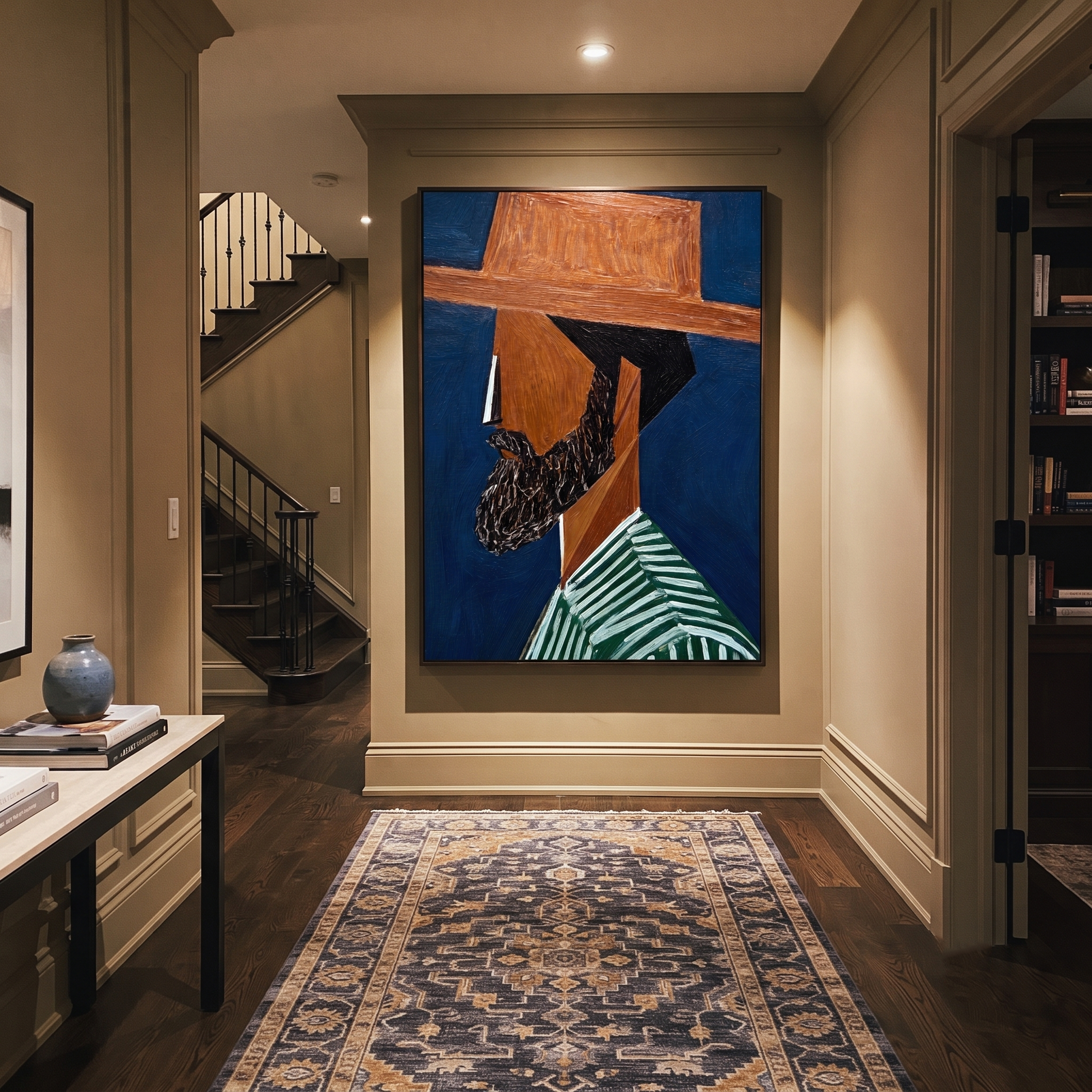 Blue Shadow Grows a Beard – Bearded Profile Figure painting by Adrian Lee, mid-century modern vertical wall art – styled room scene view 4