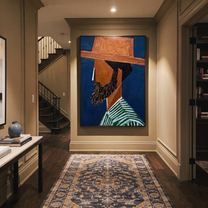 Blue Shadow Grows a Beard – Bearded Profile Figure painting by Adrian Lee, mid-century modern vertical wall art – styled room scene view 4