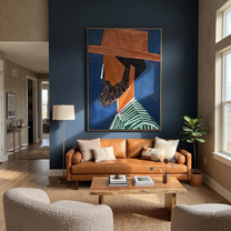 Blue Shadow Grows a Beard – Bearded Profile Figure painting by Adrian Lee, mid-century modern vertical wall art – styled room scene view 5