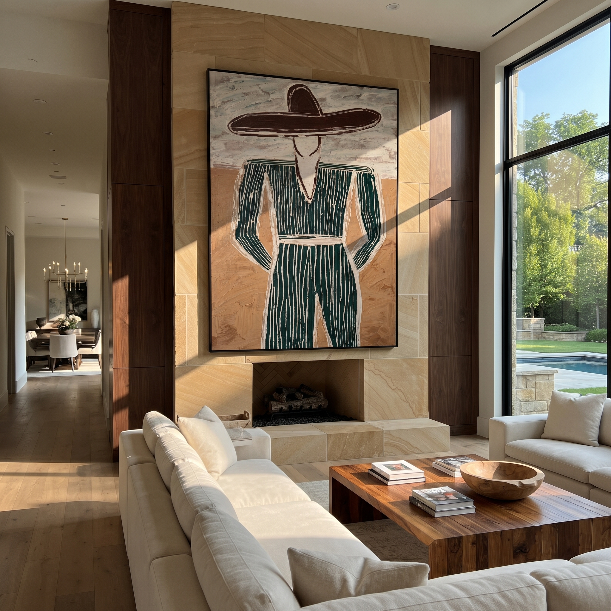 Green Pinstripes Face Sand – Green Suit Figure painting by Adrian Lee, mid-century modern vertical wall art – styled room scene view 1