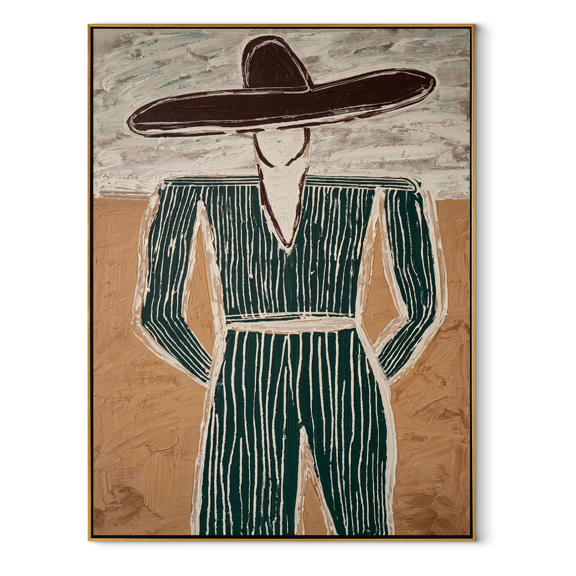 Green Pinstripes Face Sand – Green Suit Figure painting by Adrian Lee, mid-century modern vertical wall art – wood frame on white background