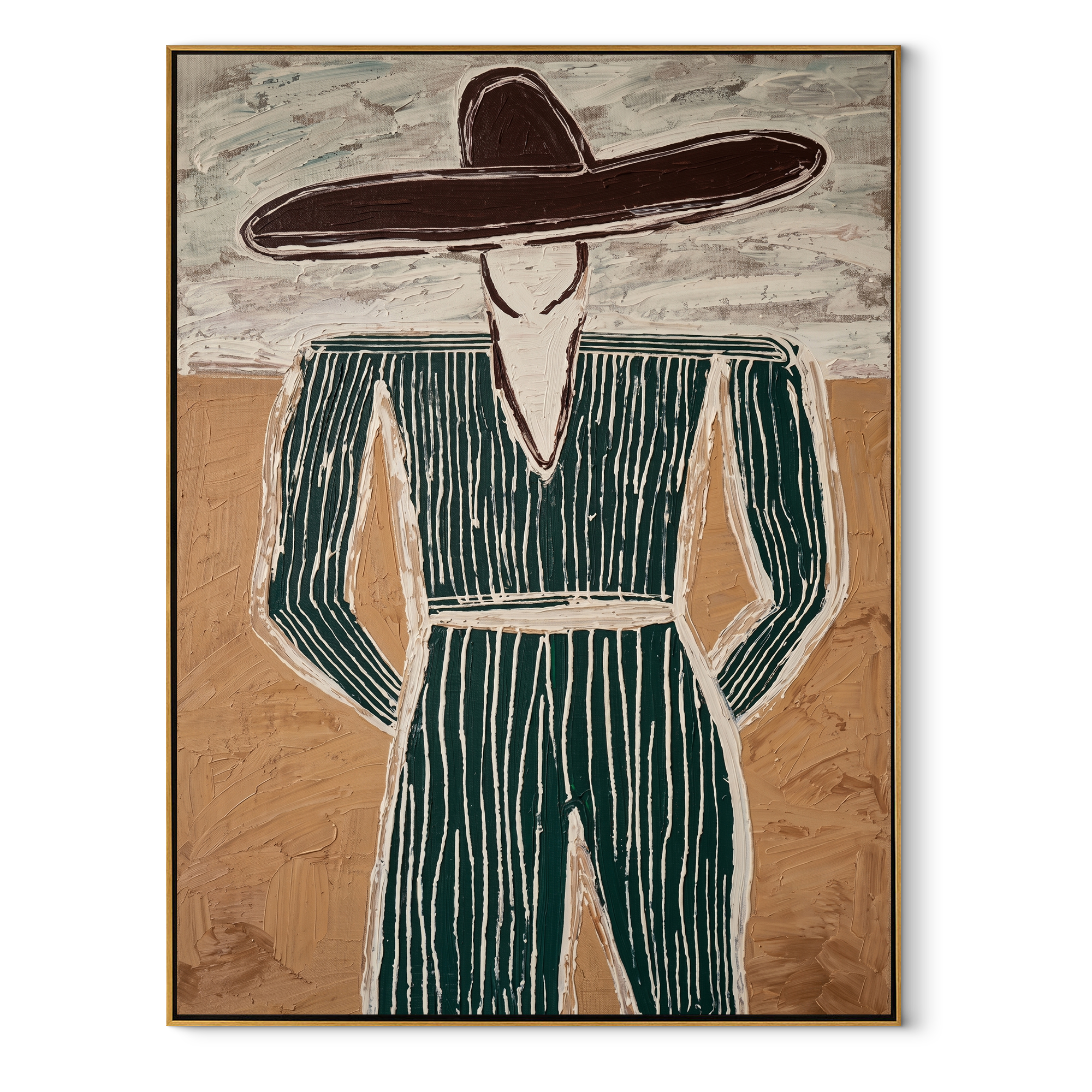 Green Pinstripes Face Sand – Green Suit Figure painting by Adrian Lee, mid-century modern vertical wall art – wood frame on white background