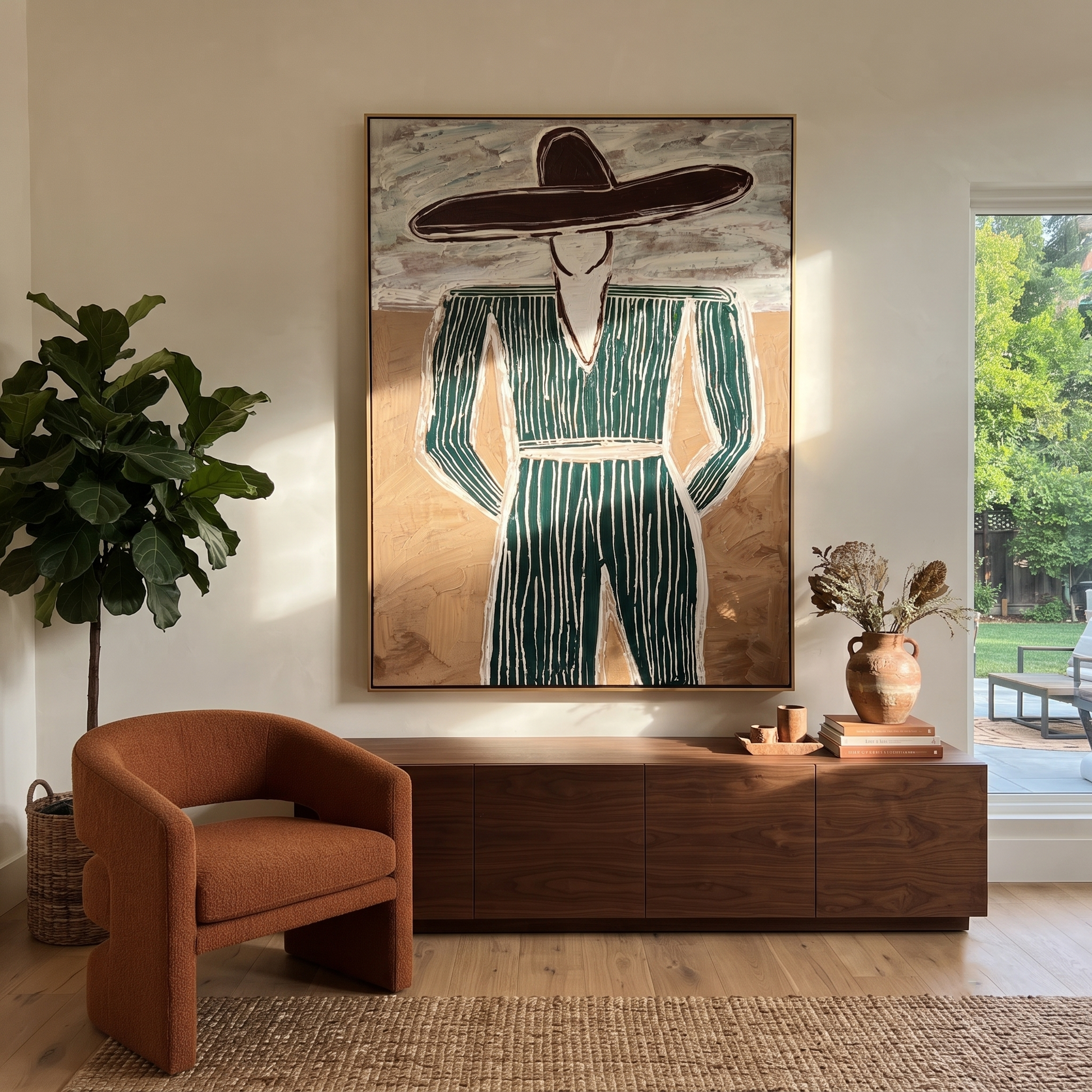 Green Pinstripes Face Sand – Green Suit Figure painting by Adrian Lee, mid-century modern vertical wall art – styled room scene view 2