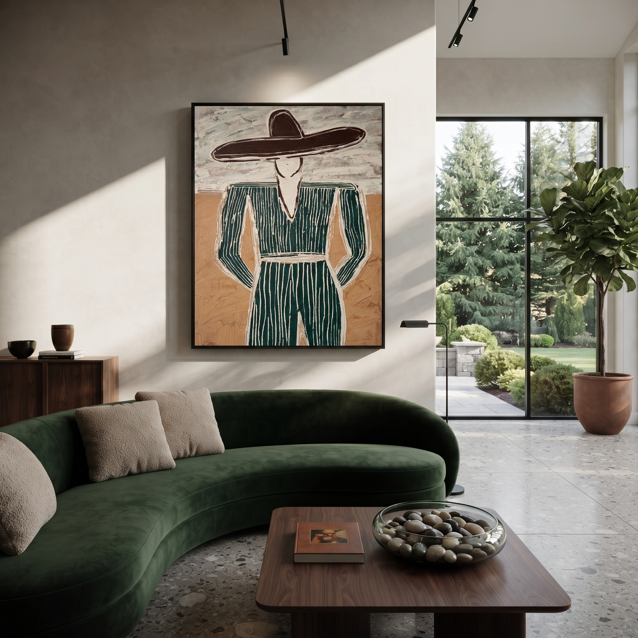 Green Pinstripes Face Sand – Green Suit Figure painting by Adrian Lee, mid-century modern vertical wall art – styled room scene view 3