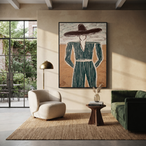 Green Pinstripes Face Sand – Green Suit Figure painting by Adrian Lee, mid-century modern vertical wall art – styled room scene view 4