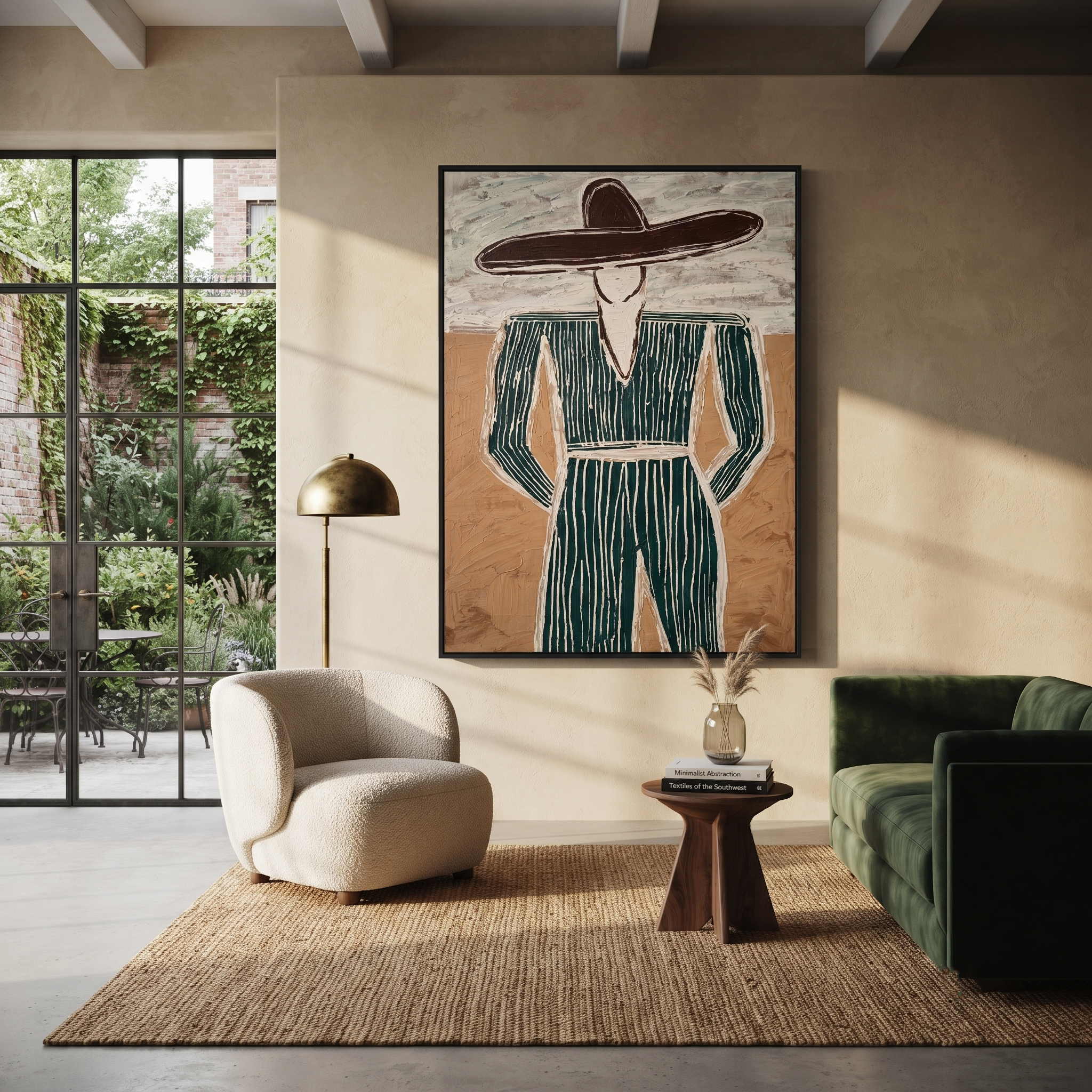 Green Pinstripes Face Sand – Green Suit Figure painting by Adrian Lee, mid-century modern vertical wall art – styled room scene view 4