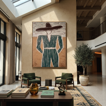 Green Pinstripes Face Sand – Green Suit Figure painting by Adrian Lee, mid-century modern vertical wall art – styled room scene view 5