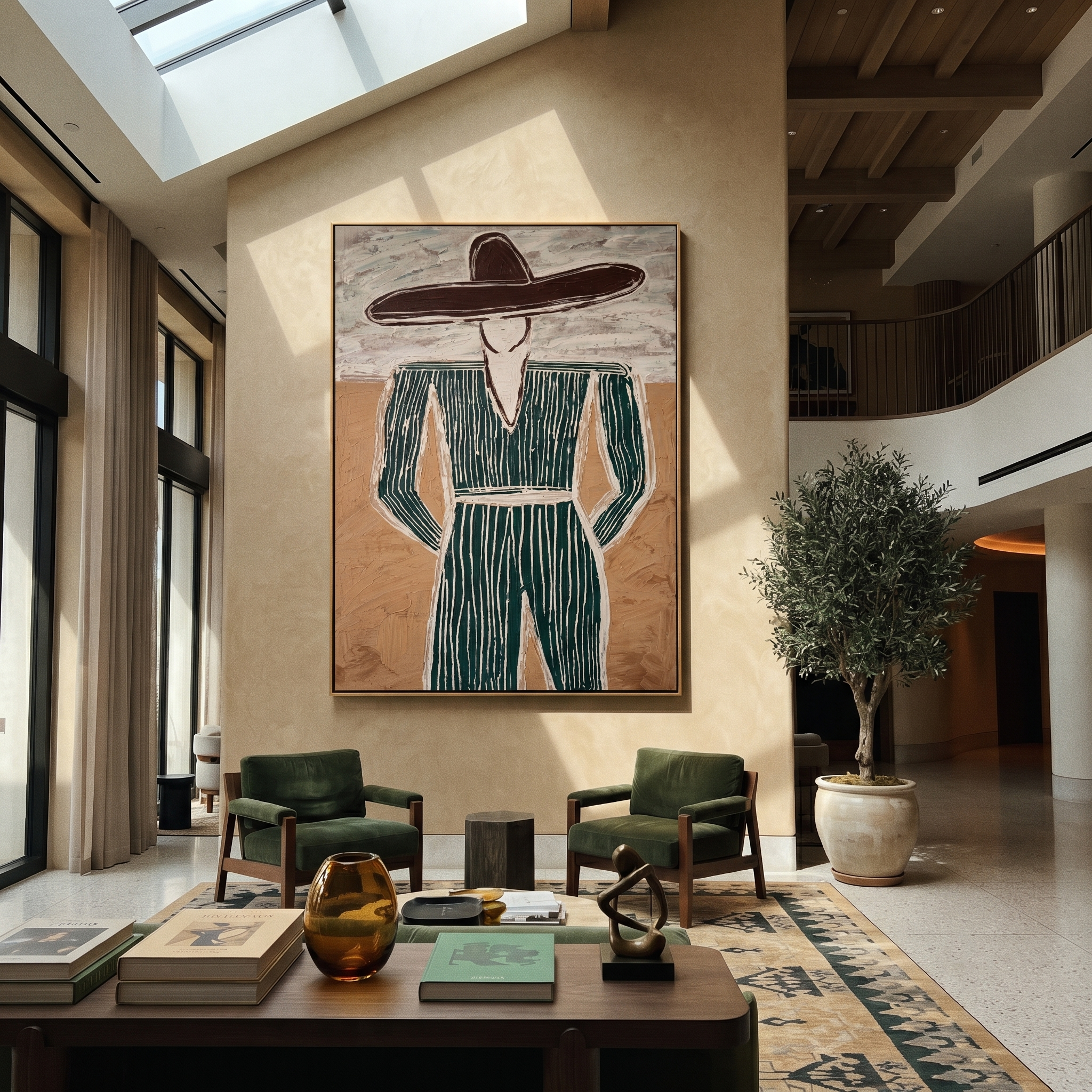 Green Pinstripes Face Sand – Green Suit Figure painting by Adrian Lee, mid-century modern vertical wall art – styled room scene view 5