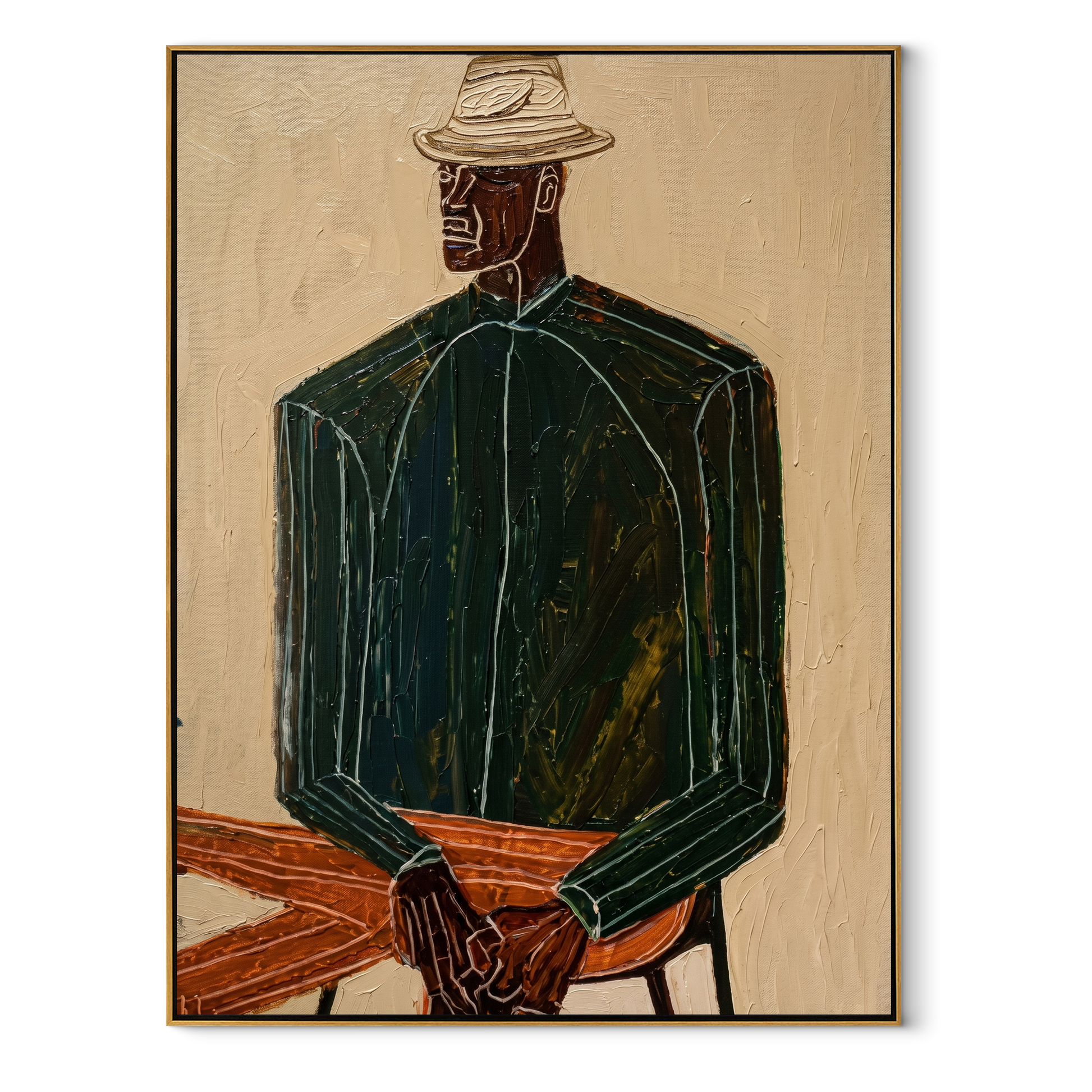 Green Suit Waits Seated – Seated Green Suit Figure painting by Adrian Lee, mid-century modern vertical wall art – wood frame on white background