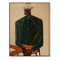 Green Suit Waits Seated – Seated Green Suit Figure painting by Adrian Lee, mid-century modern vertical wall art – wood frame on white background