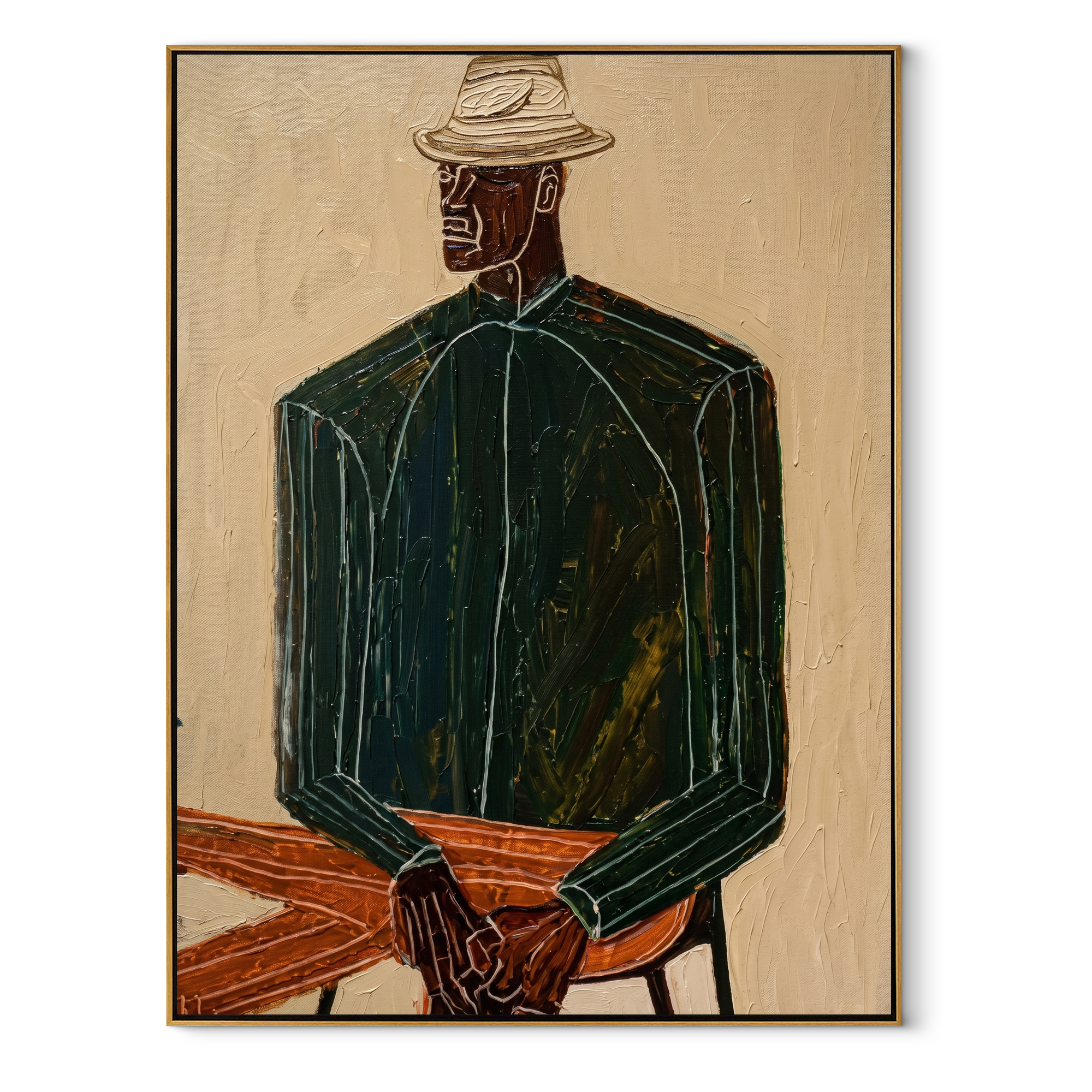 Green Suit Waits Seated – Seated Green Suit Figure painting by Adrian Lee, mid-century modern vertical wall art – wood frame on white background