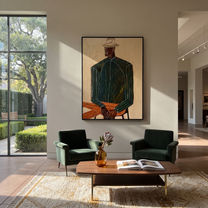 Green Suit Waits Seated – Seated Green Suit Figure painting by Adrian Lee, mid-century modern vertical wall art – styled room scene view 2