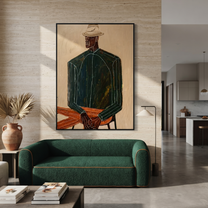 Green Suit Waits Seated – Seated Green Suit Figure painting by Adrian Lee, mid-century modern vertical wall art – styled room scene view 4