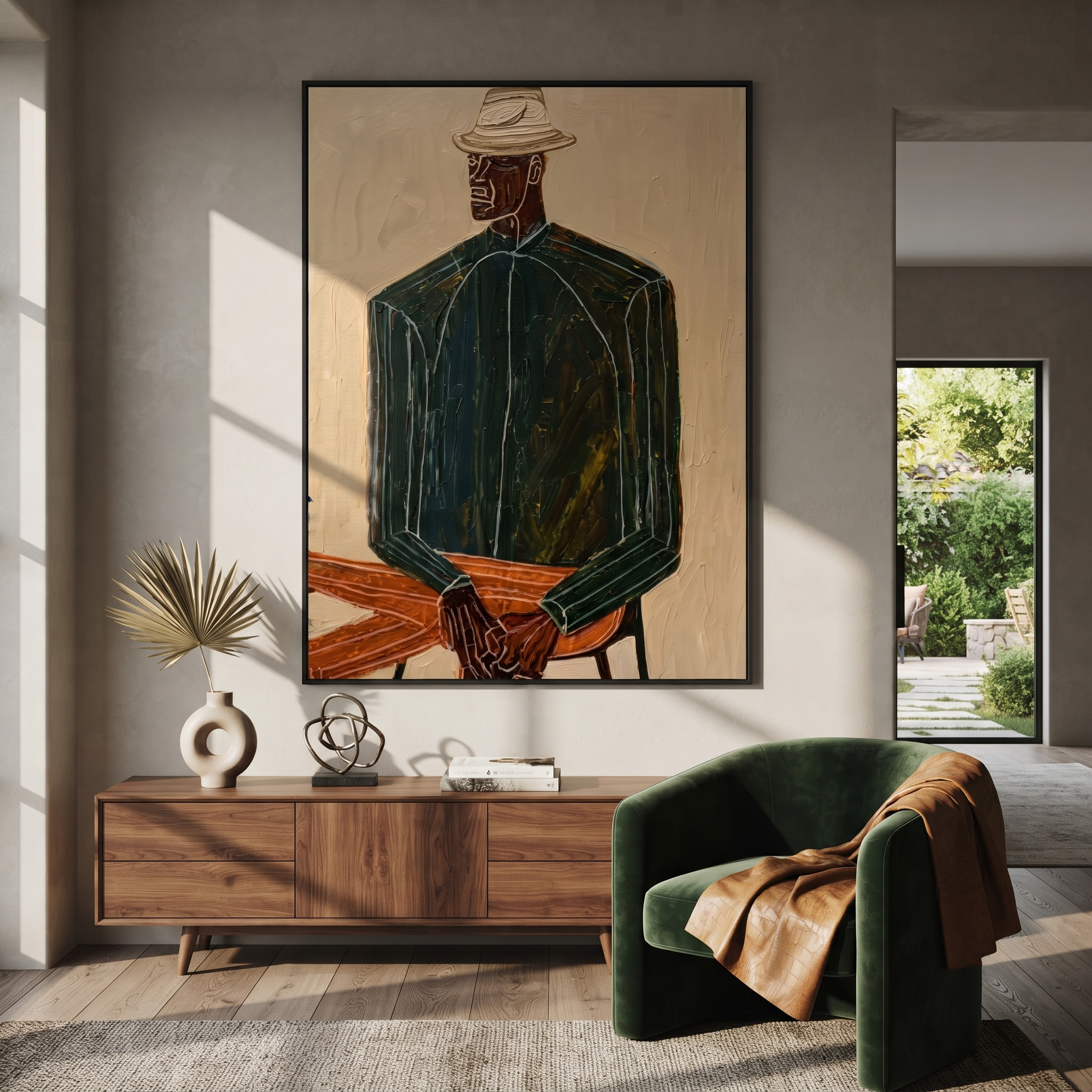 Green Suit Waits Seated – Seated Green Suit Figure painting by Adrian Lee, mid-century modern vertical wall art – styled room scene view 5