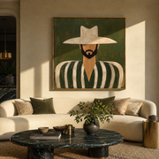 White Brim Guards Moss – Bearded Green Stripe Figure painting by Adrian Lee, mid-century modern square wall art – styled room scene view 1