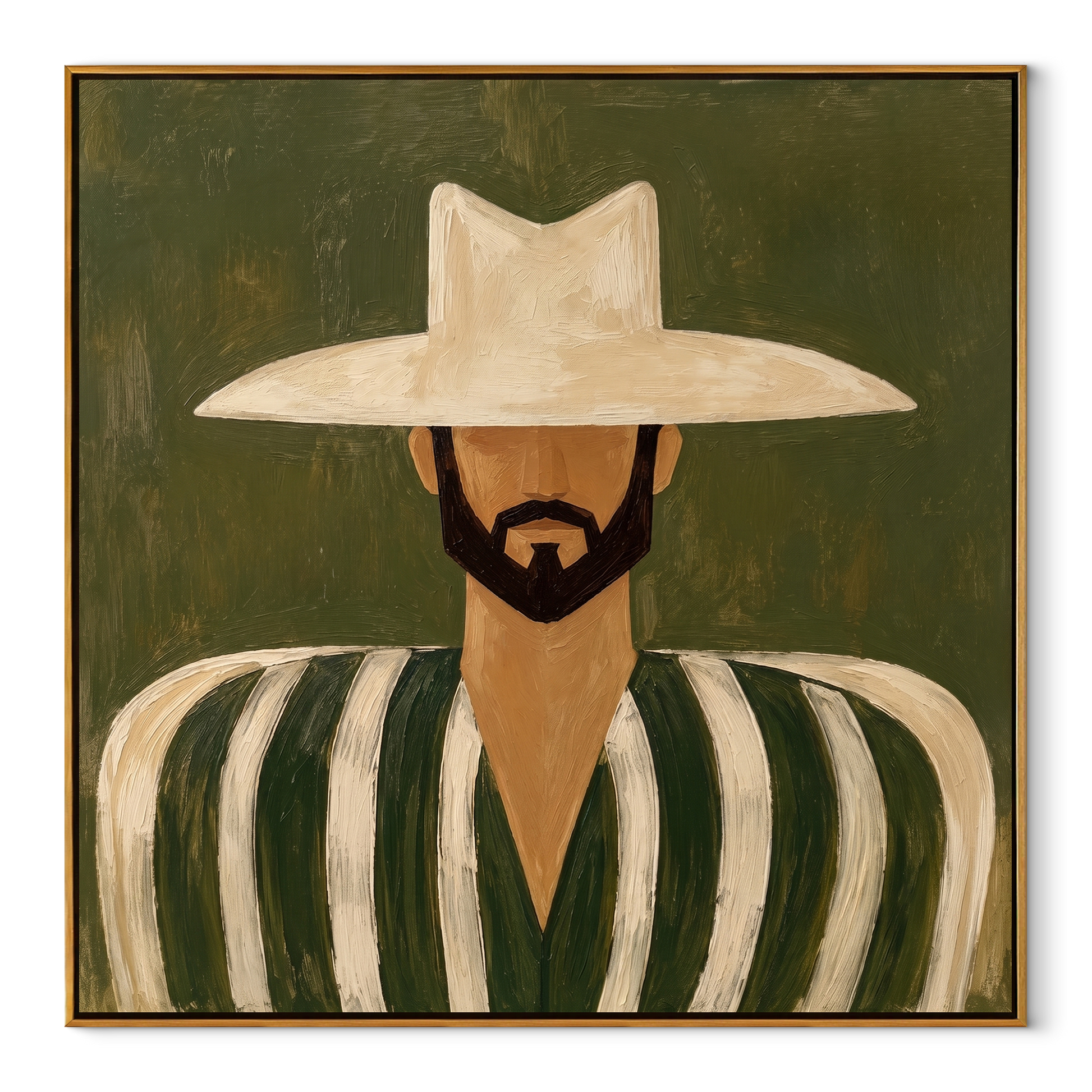 White Brim Guards Moss – Bearded Green Stripe Figure painting by Adrian Lee, mid-century modern square wall art – wood frame on white background