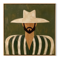 White Brim Guards Moss – Bearded Green Stripe Figure painting by Adrian Lee, mid-century modern square wall art – wood frame on white background
