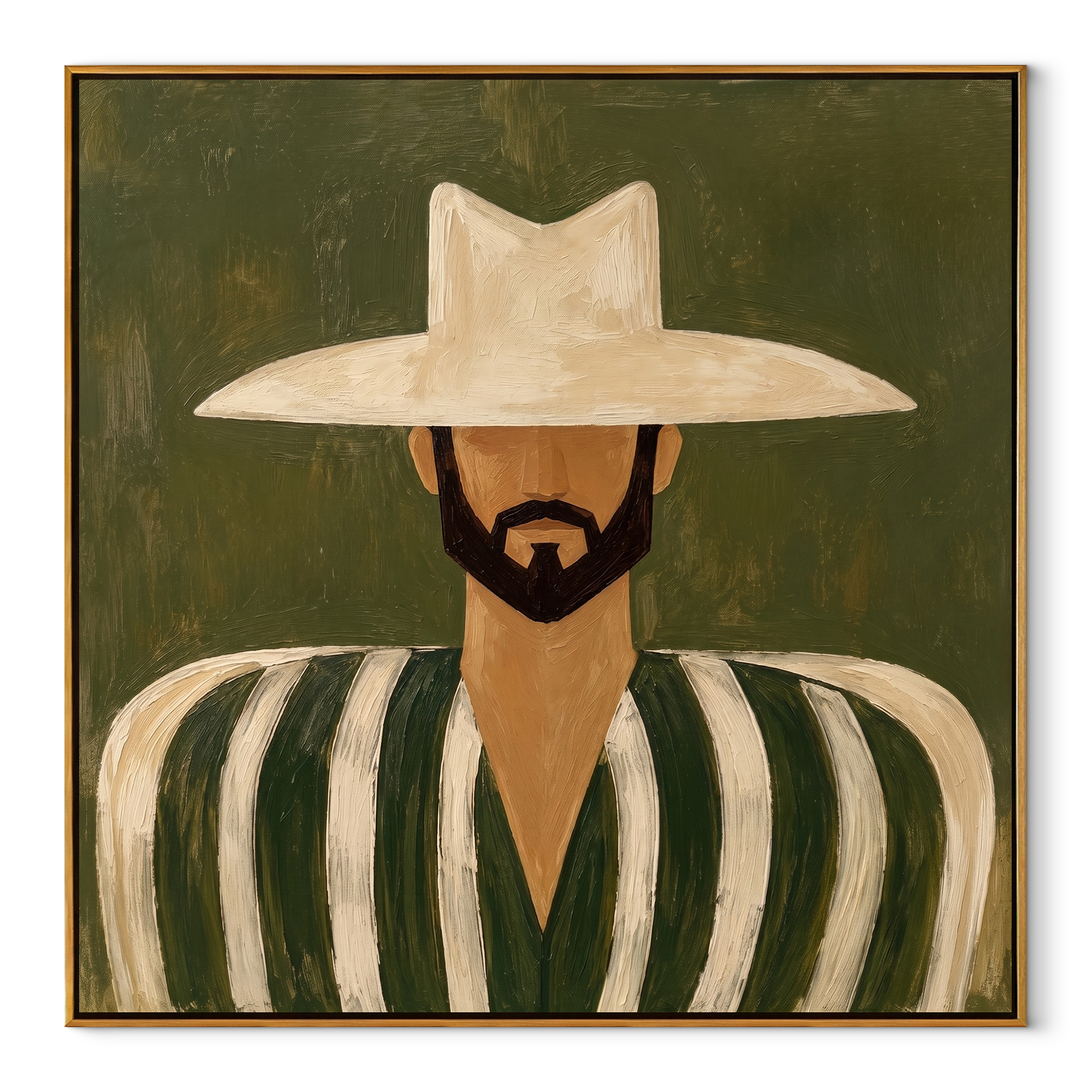 White Brim Guards Moss – Bearded Green Stripe Figure painting by Adrian Lee, mid-century modern square wall art – wood frame on white background