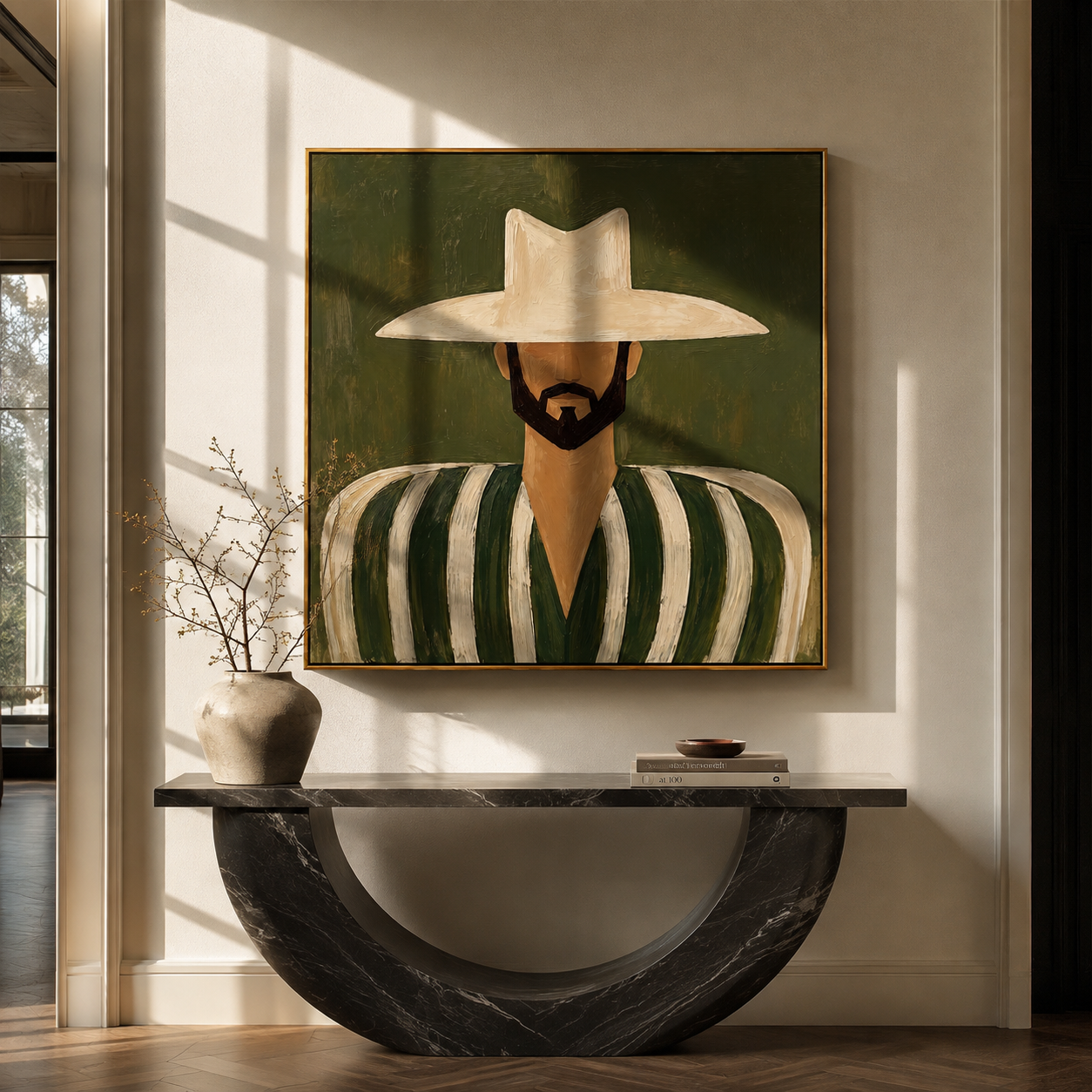 White Brim Guards Moss – Bearded Green Stripe Figure painting by Adrian Lee, mid-century modern square wall art – styled room scene view 2