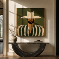 White Brim Guards Moss – Bearded Green Stripe Figure painting by Adrian Lee, mid-century modern square wall art – styled room scene view 2