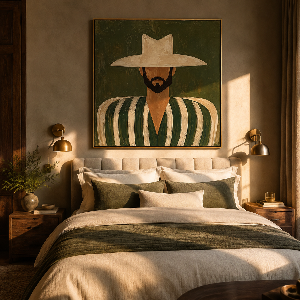 White Brim Guards Moss – Bearded Green Stripe Figure painting by Adrian Lee, mid-century modern square wall art – styled room scene view 3