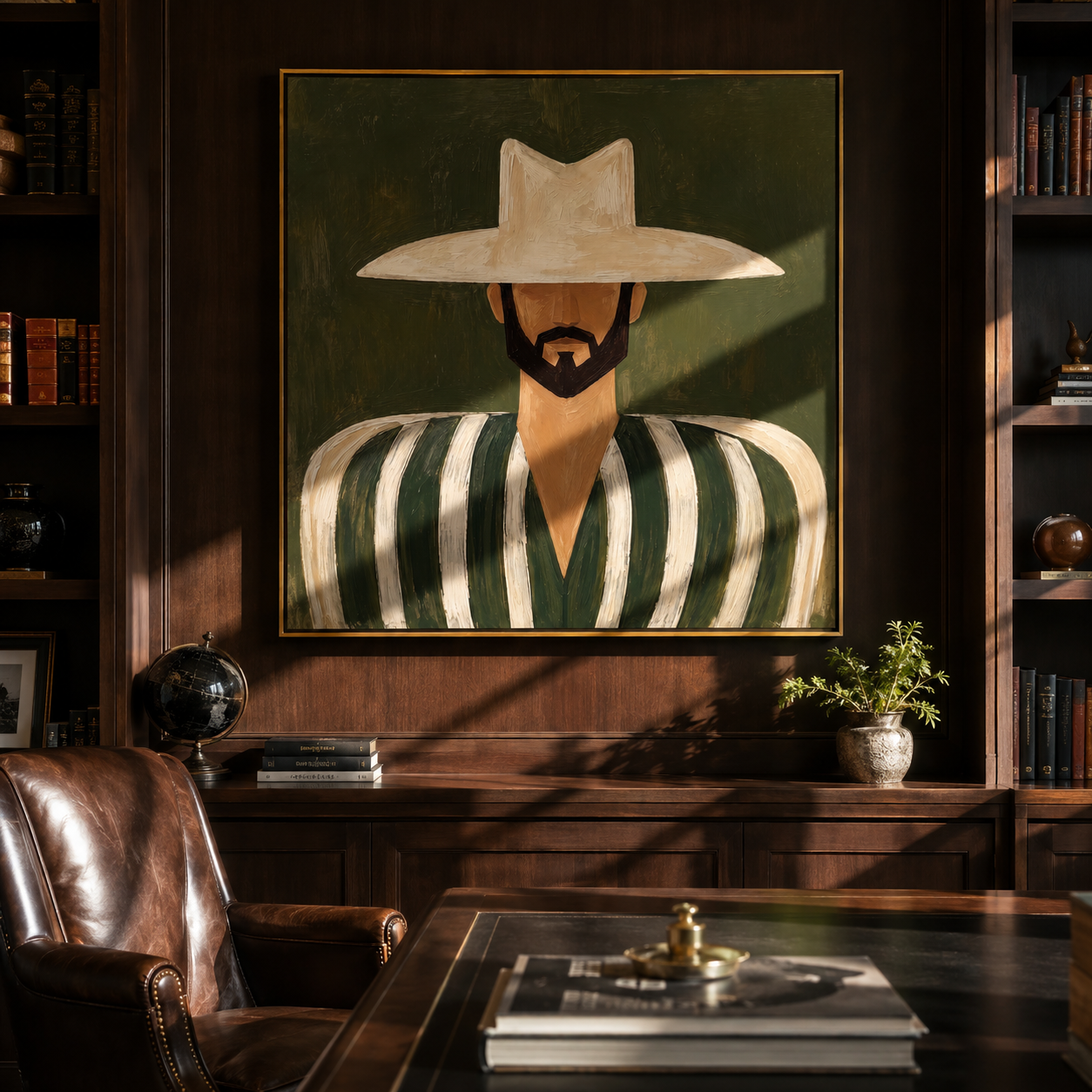 White Brim Guards Moss – Bearded Green Stripe Figure painting by Adrian Lee, mid-century modern square wall art – styled room scene view 4