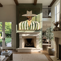 White Brim Guards Moss – Bearded Green Stripe Figure painting by Adrian Lee, mid-century modern square wall art – styled room scene view 5