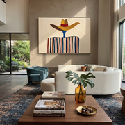 Brown Brim Floats Ivory – Wide Hat Stripe Figure painting by Adrian Lee, mid-century modern horizontal wall art – styled room scene view 1