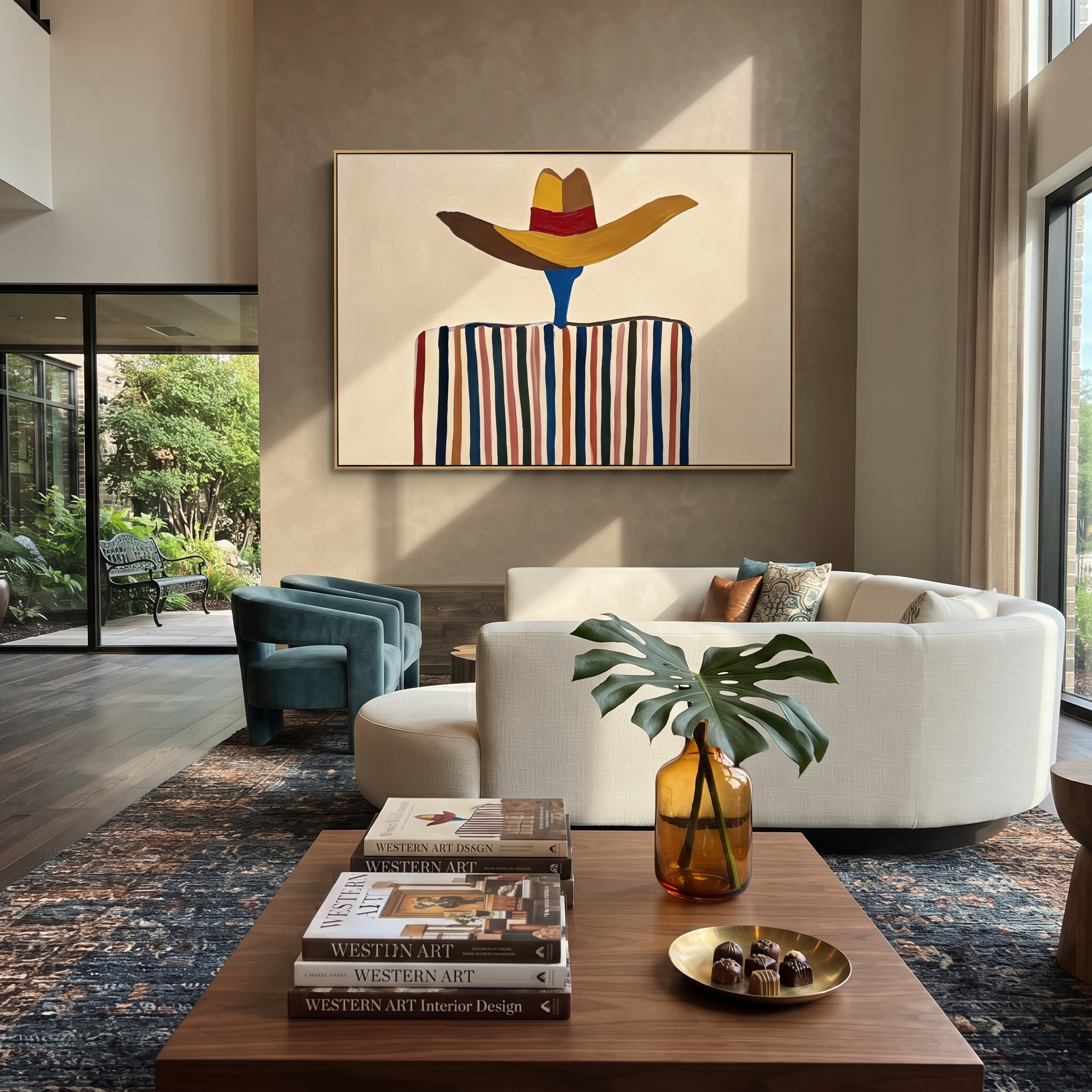 Brown Brim Floats Ivory – Wide Hat Stripe Figure painting by Adrian Lee, mid-century modern horizontal wall art – styled room scene view 1