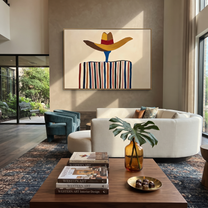 Brown Brim Floats Ivory – Wide Hat Stripe Figure painting by Adrian Lee, mid-century modern horizontal wall art – styled room scene view 1