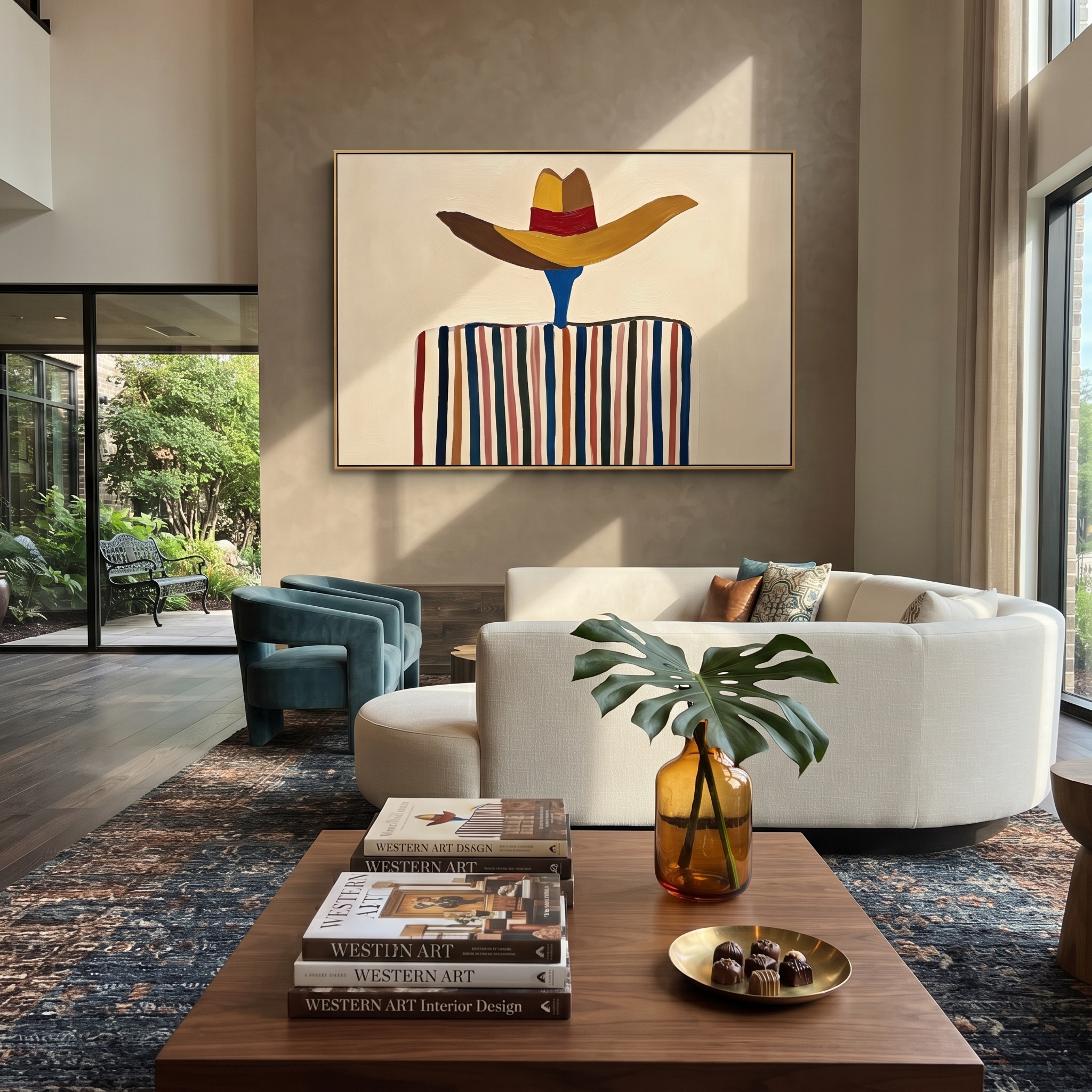 Brown Brim Floats Ivory – Wide Hat Stripe Figure painting by Adrian Lee, mid-century modern horizontal wall art – styled room scene view 1