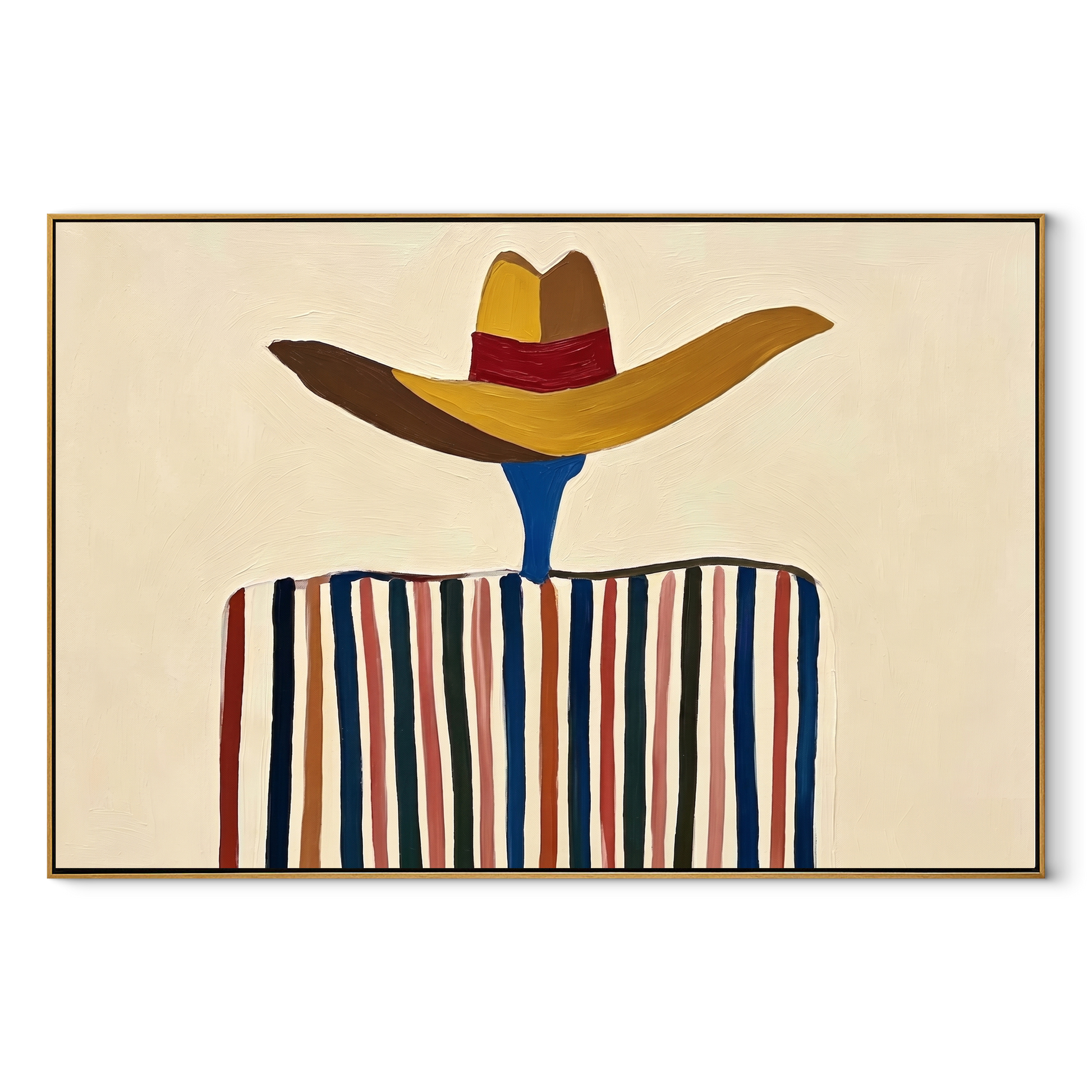Brown Brim Floats Ivory – Wide Hat Stripe Figure painting by Adrian Lee, mid-century modern horizontal wall art – wood frame on white background