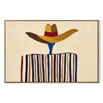 Brown Brim Floats Ivory – Wide Hat Stripe Figure painting by Adrian Lee, mid-century modern horizontal wall art – wood frame on white background