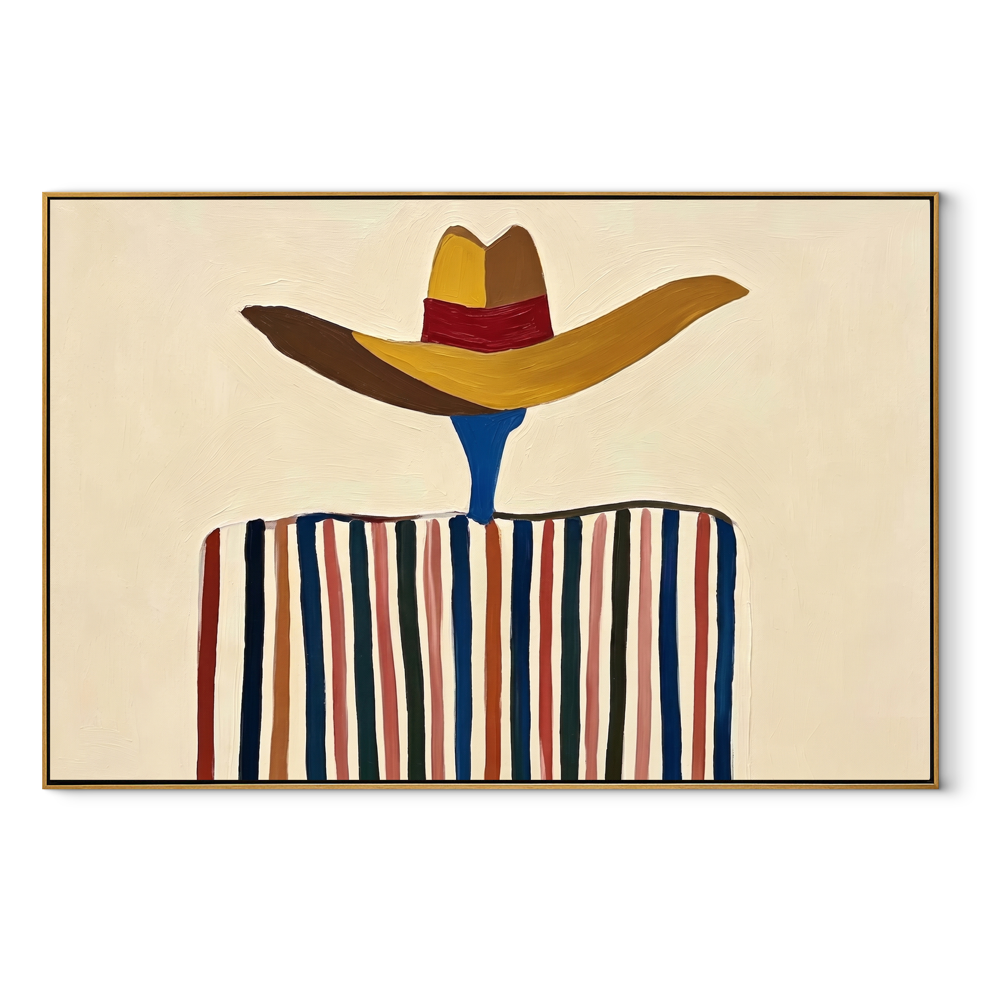 Brown Brim Floats Ivory – Wide Hat Stripe Figure painting by Adrian Lee, mid-century modern horizontal wall art – wood frame on white background