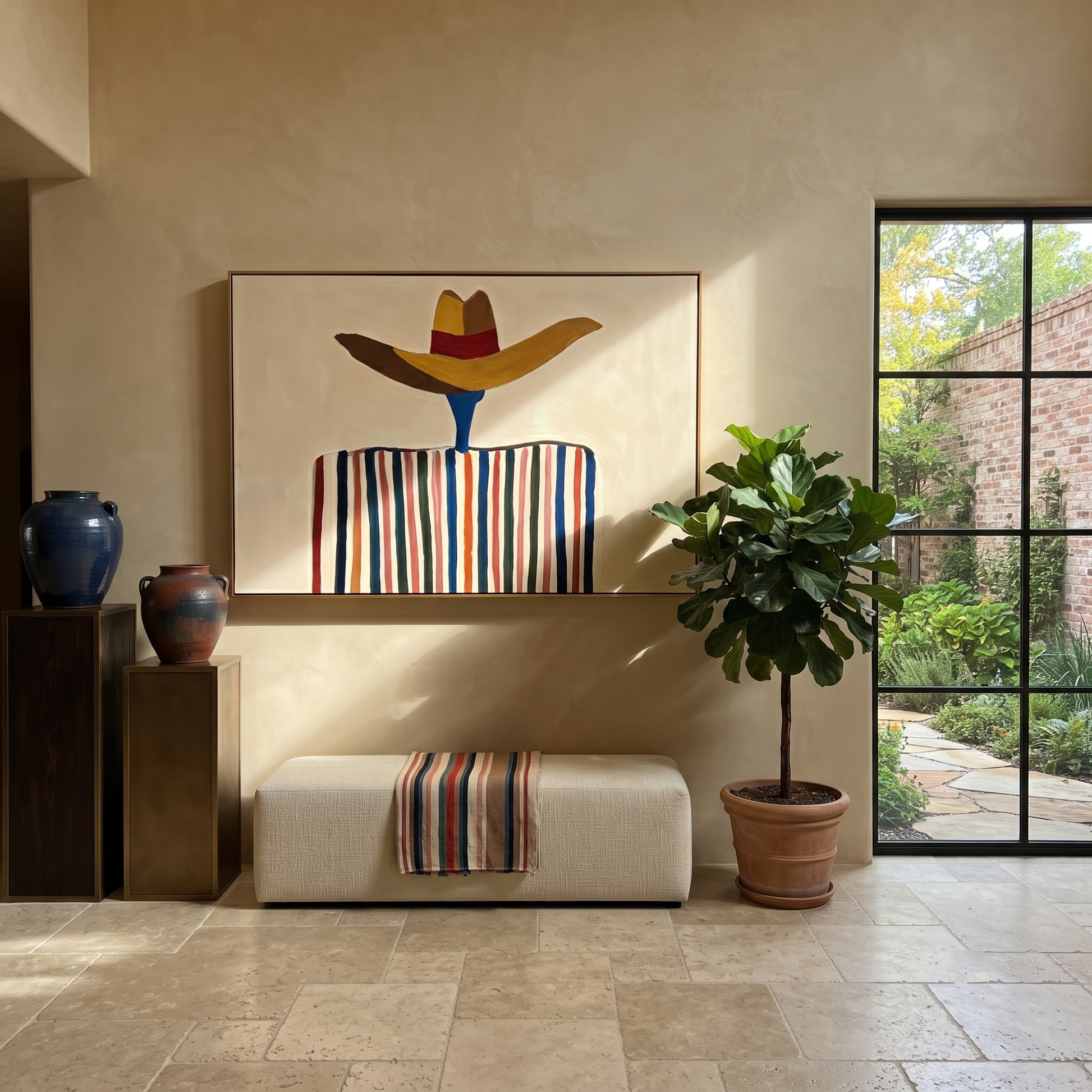 Brown Brim Floats Ivory – Wide Hat Stripe Figure painting by Adrian Lee, mid-century modern horizontal wall art – styled room scene view 2