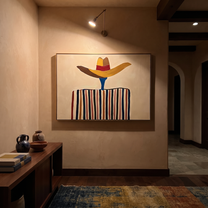 Brown Brim Floats Ivory – Wide Hat Stripe Figure painting by Adrian Lee, mid-century modern horizontal wall art – styled room scene view 3