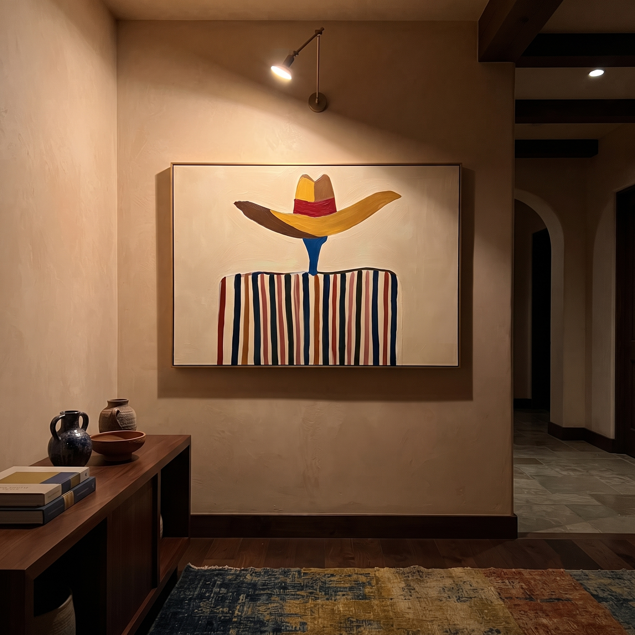 Brown Brim Floats Ivory – Wide Hat Stripe Figure painting by Adrian Lee, mid-century modern horizontal wall art – styled room scene view 3