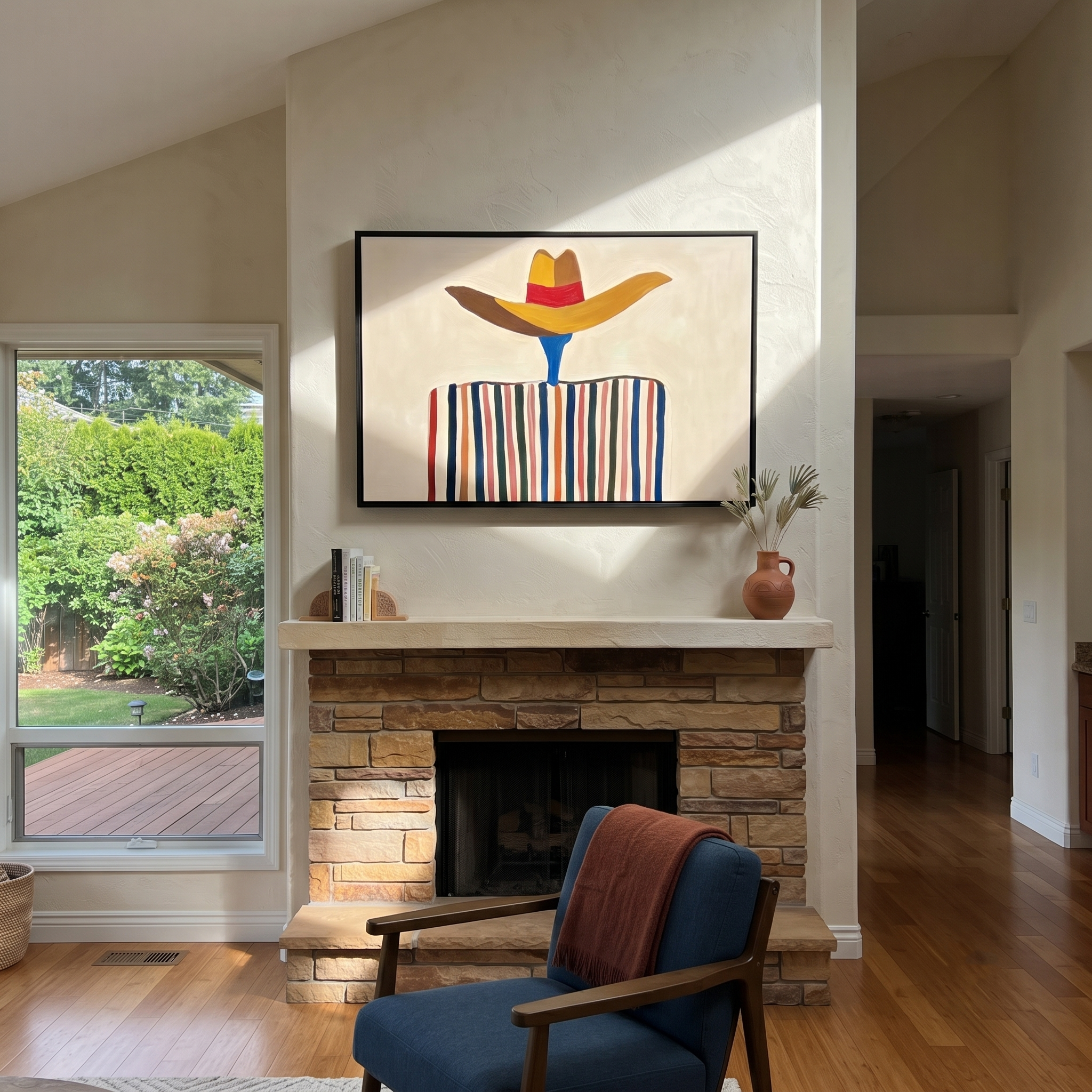Brown Brim Floats Ivory – Wide Hat Stripe Figure painting by Adrian Lee, mid-century modern horizontal wall art – styled room scene view 4