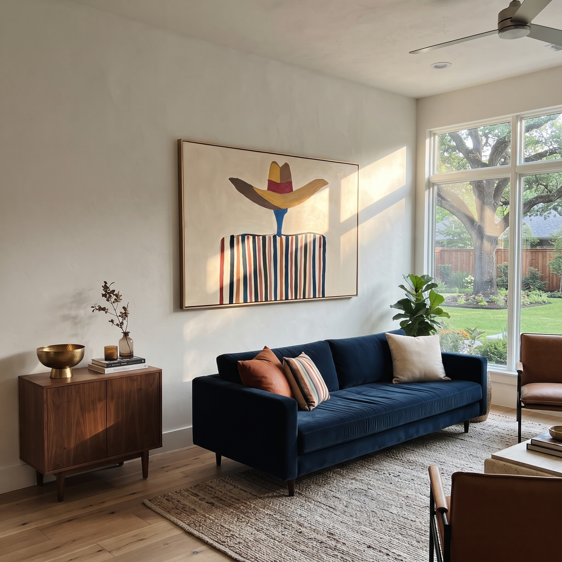 Brown Brim Floats Ivory – Wide Hat Stripe Figure painting by Adrian Lee, mid-century modern horizontal wall art – styled room scene view 5