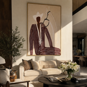 White Rider Shares Sand – White Horse and Figure painting by Adrian Lee, mid-century modern vertical wall art – styled room scene view 1