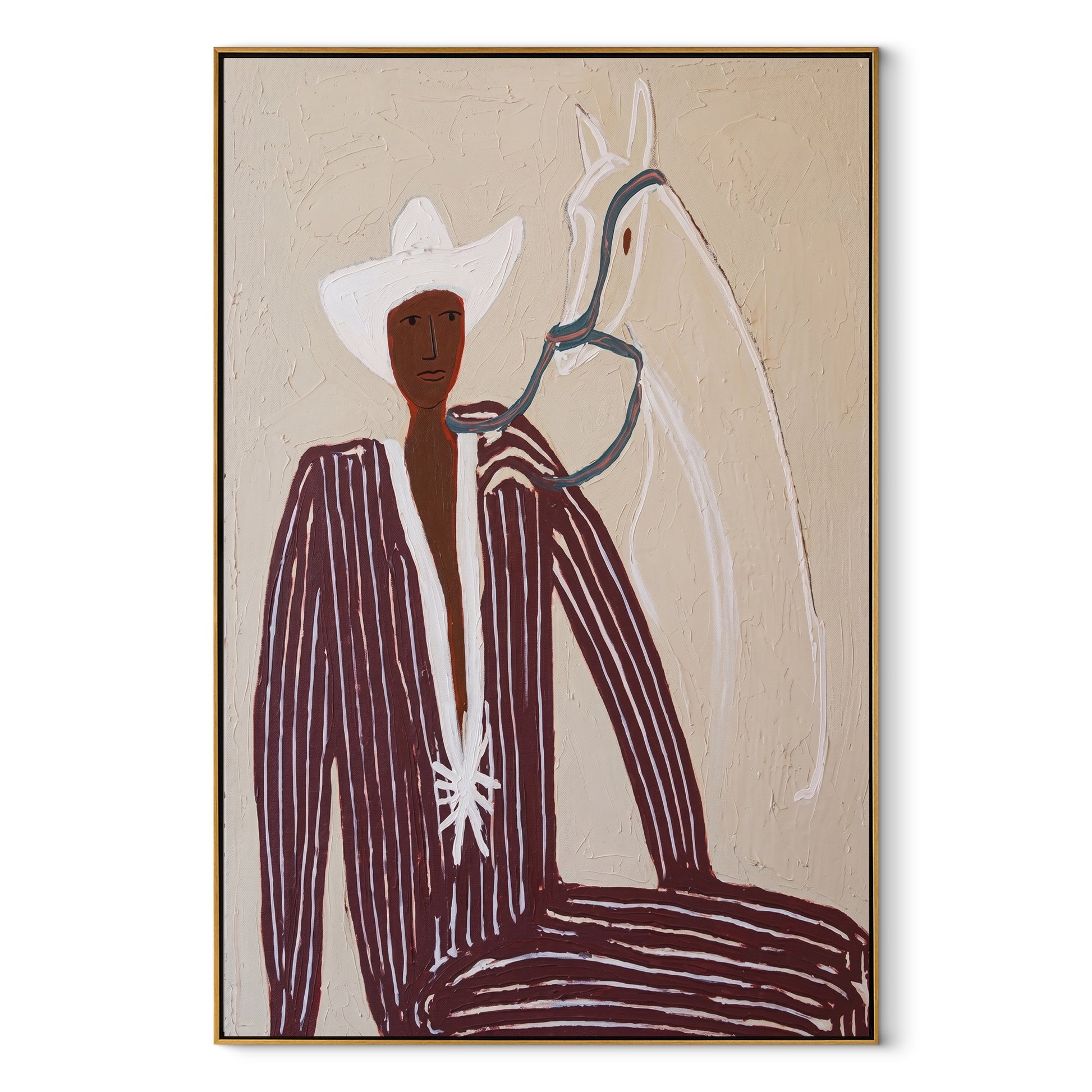 White Rider Shares Sand – White Horse and Figure painting by Adrian Lee, mid-century modern vertical wall art – wood frame on white background