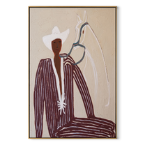 White Rider Shares Sand – White Horse and Figure painting by Adrian Lee, mid-century modern vertical wall art – wood frame on white background