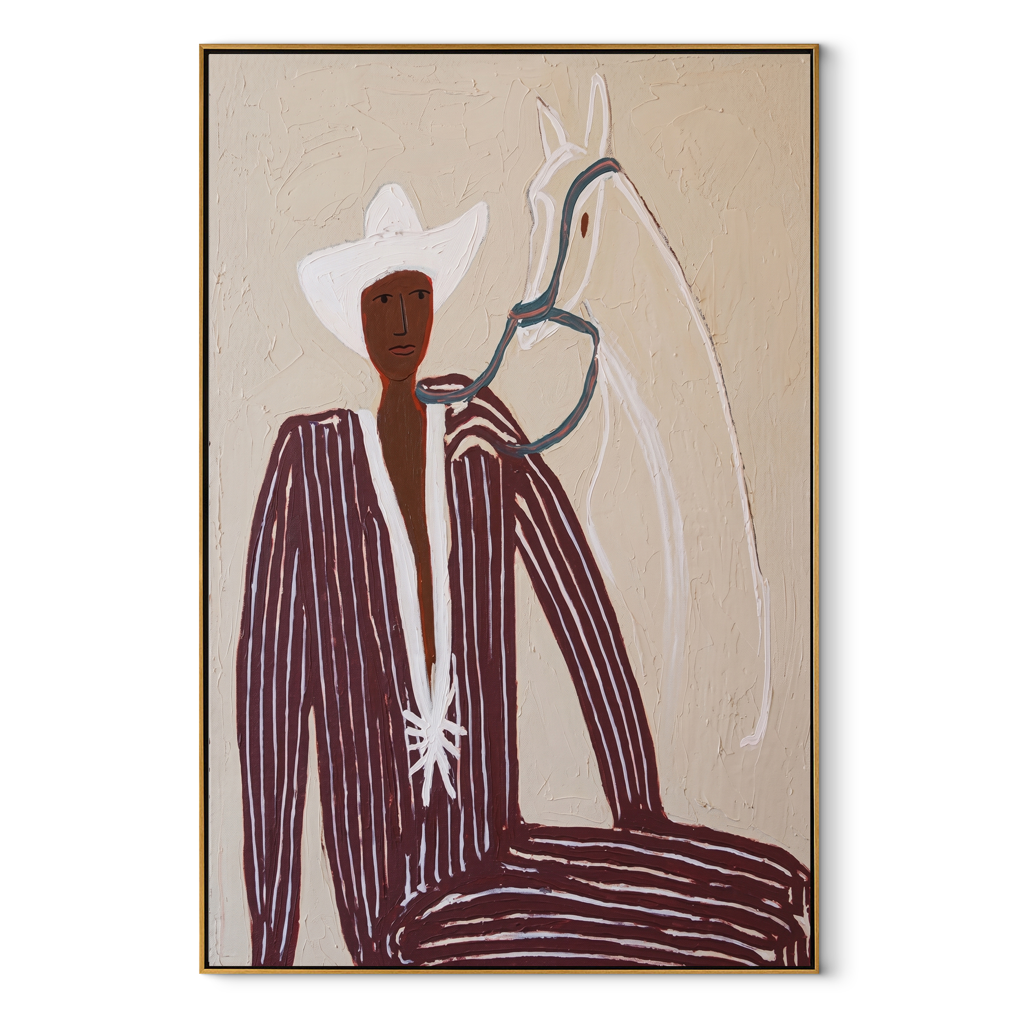 White Rider Shares Sand – White Horse and Figure painting by Adrian Lee, mid-century modern vertical wall art – wood frame on white background