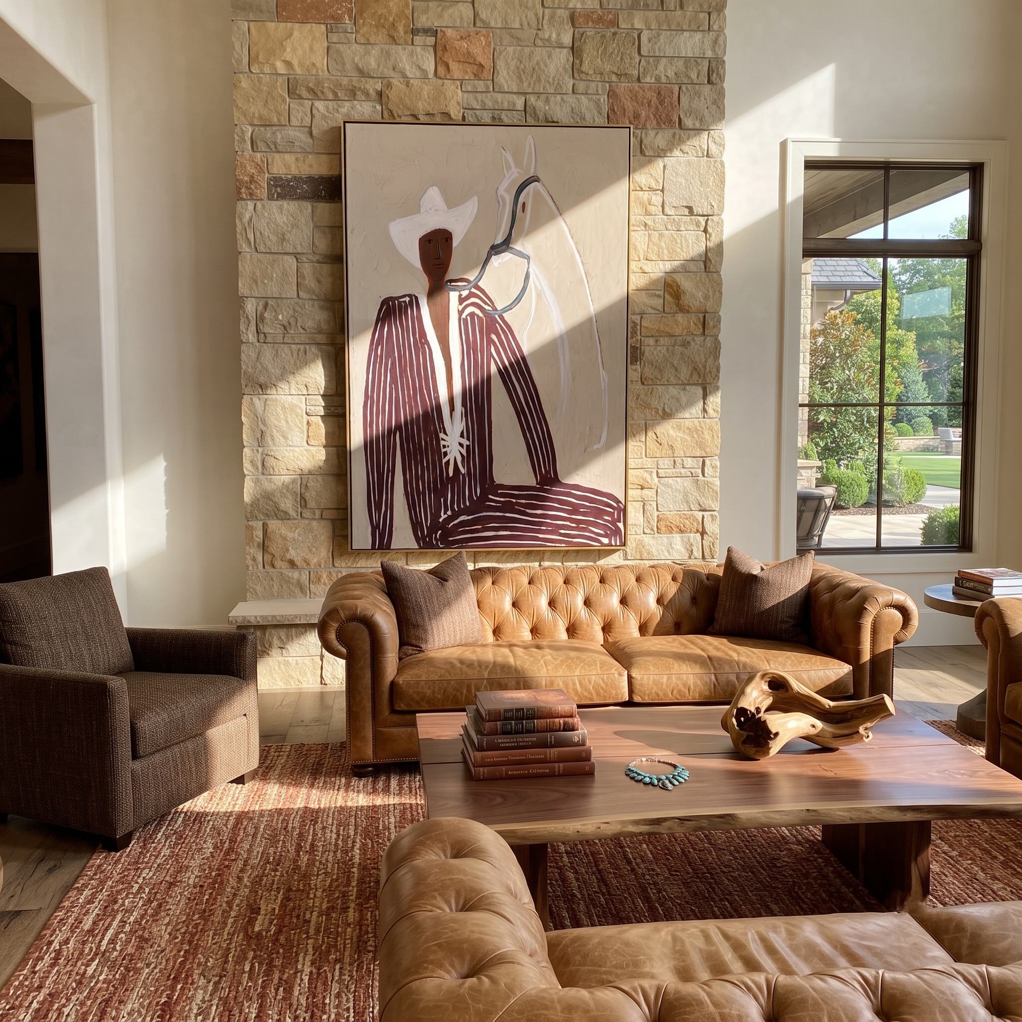 White Rider Shares Sand – White Horse and Figure painting by Adrian Lee, mid-century modern vertical wall art – styled room scene view 2