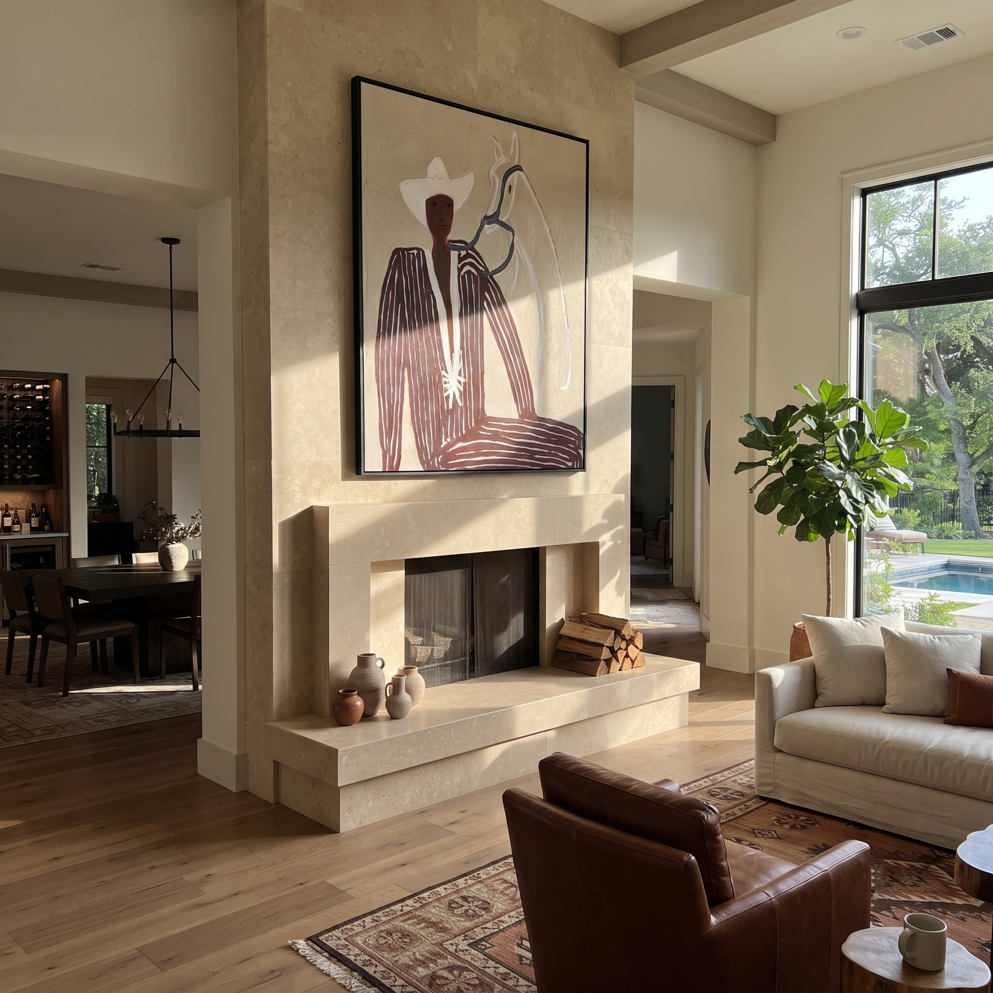 White Rider Shares Sand – White Horse and Figure painting by Adrian Lee, mid-century modern vertical wall art – styled room scene view 3