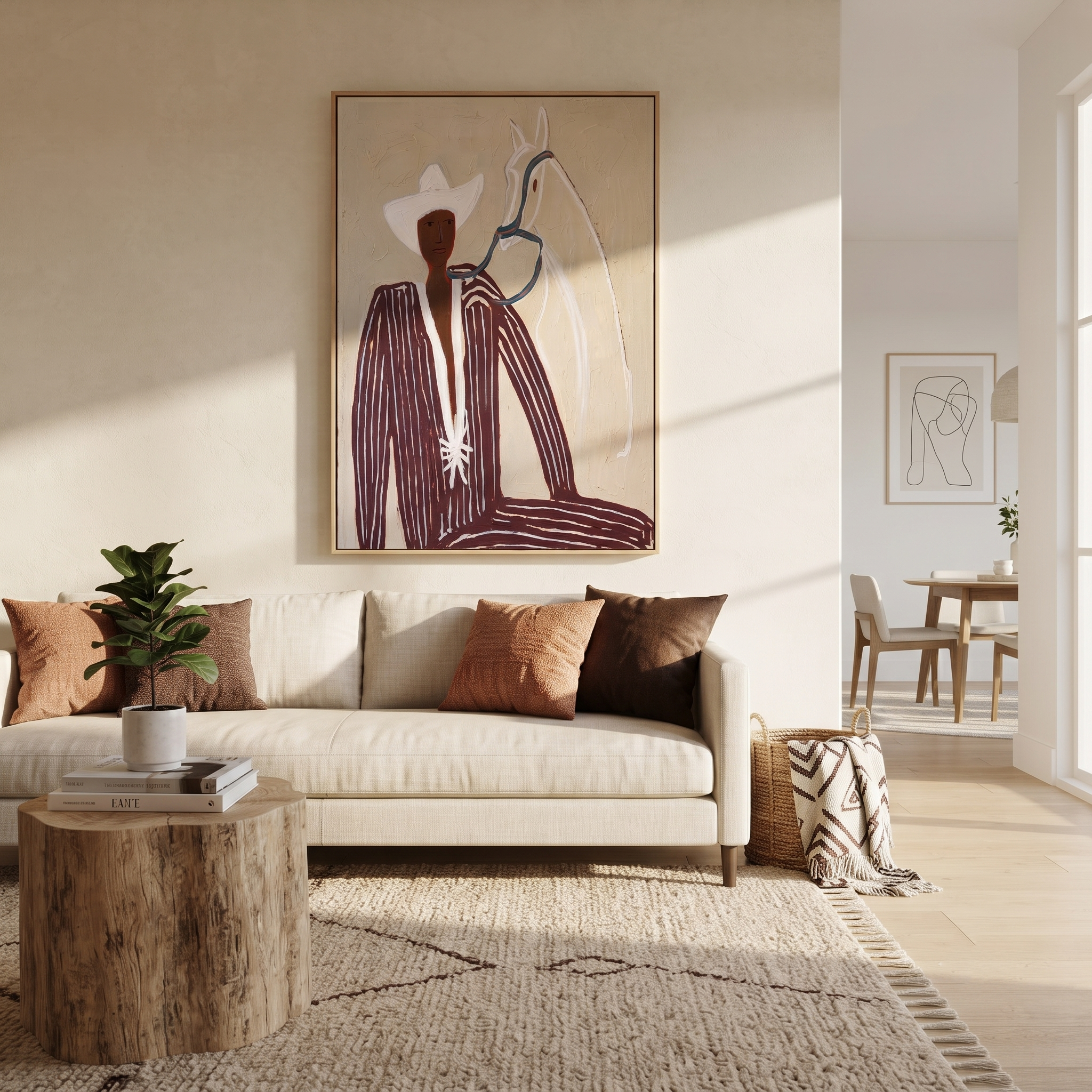White Rider Shares Sand – White Horse and Figure painting by Adrian Lee, mid-century modern vertical wall art – styled room scene view 4